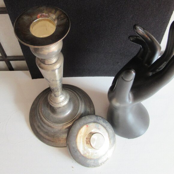 Art Deco Candle Holder, Pillar, Taper, Silver plated, Zinc, Distressed, Vintage - Picture 8 of 14